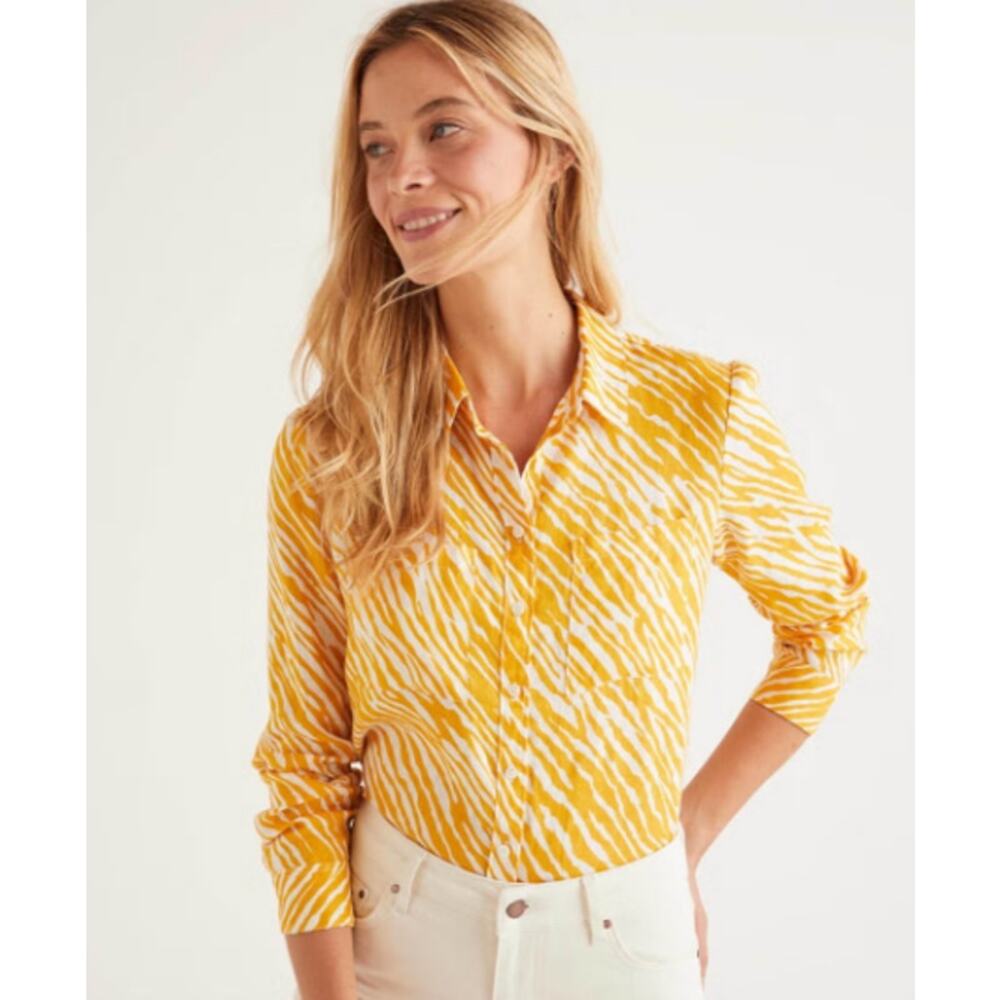 NWT Boden Yellow & White Abstract Animal Print Linen Button Up Shirt 6 Regular